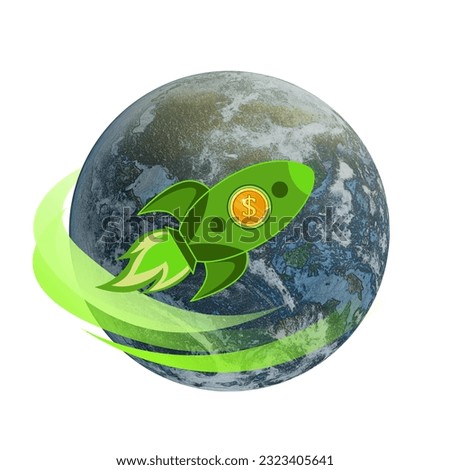 Rocket with dollar sign flying around planet symbolizing speed of money transaction. Illustration on white background