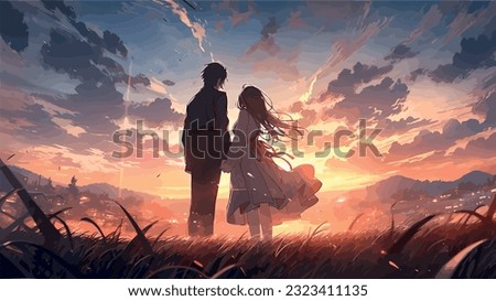 fantasy a young couple embraces under a vibrant sunset, their eyes locked with affection Royalty-Free Stock Photo #2323411135
