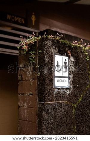 A vertical shot of a women toilet sign on the side of a wall