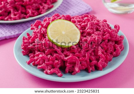 Beetroot Pasta, Doll Themed Pasta, Trendy Recipe on Bright Pink Background