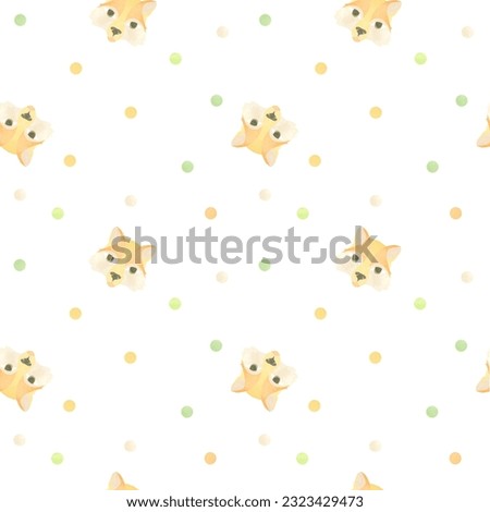 Seamless pattern with funny fox faces and colored circles. Watercolor illustration highlighted on a white background. A set OF ANIMAL FACES. Suitable for children's textile design, printing, wallpaper
