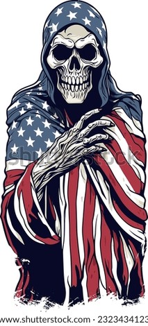 4th July themed Spooky Skeleton Illustration, Funny Colorful Independence Day Clip Art on a Transparent Background, Digital Vector Artwork