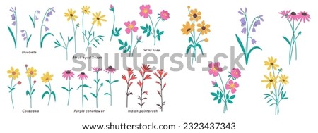This flower clip art set includes hand-drawn wildflower elements and bouquets. Nature-inspired minimalistic and simple bundle. Vector illustration.