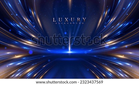 Blue luxury background with golden line decoration and curve light effect with bokeh elements. Modern art elegant dark scene. Royalty-Free Stock Photo #2323437569
