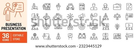 Business presentation editable stroke icons set. Presentation, business, seminar, partnership, goals, meeting, whiteboard, conference and business plan icons. Vector illustration. Royalty-Free Stock Photo #2323445129