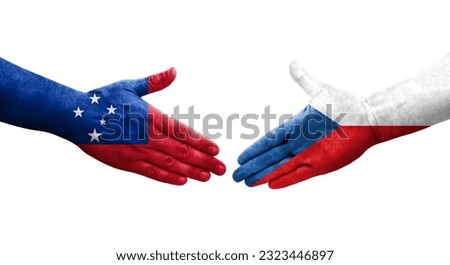 Handshake between Czechia and Samoa flags painted on hands, isolated transparent image.