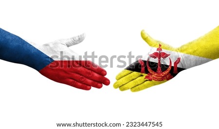 Handshake between Brunei and Czechia flags painted on hands, isolated transparent image.