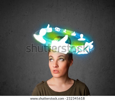 Teenager with cloud social icons around her head 