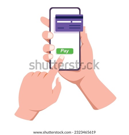 Mobile banking app and e-payment concept vector illustration. Hand holding smartphone and finger touching the screen for transaction using online banking. Shopping by phone and connected card.