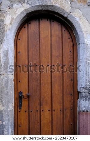 brown antique old fashioned wooden door texture, wall, historic building, castle entrance with doorknob, brown natural wood texture, background for designer with copy space, empty mock up