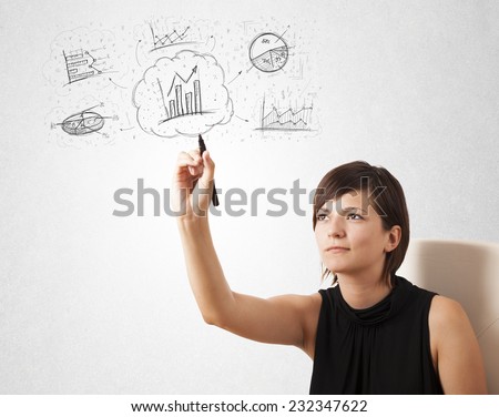 Young lady sketching financial chart icons and symbols on white background