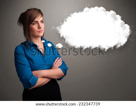 Pretty young lady thinking about cloud speech or thought bubble with copy space