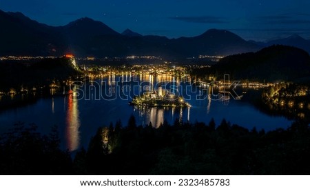 Lake Bled by night, Church of the Assumption of Mary , Slovenia Royalty-Free Stock Photo #2323485783