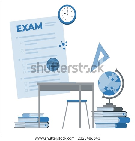 Paper Test, Exam Sheet with Grade Results. Exam preparation, school test, examination concept, checklist and hourglass, choosing answer, questionnaire form, education, vector flat illustration Royalty-Free Stock Photo #2323486643