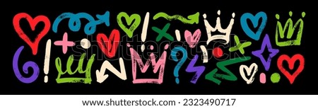 Collection of multi colored brush drawn symbols: hearts, crowns, arrows, crosses, swirls and dots with dry brush texture. Exclamation and question marks. Bold graffiti style colorful vector shapes.