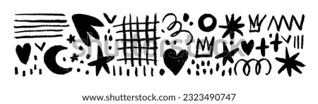 Collection fun doodle shapes drawn with charcoal or chalk. Hand drawn childish style figures: crowns, grid, dots, squiggles and stars. Set of marker scribbles, curved lines and different fairy shapes.