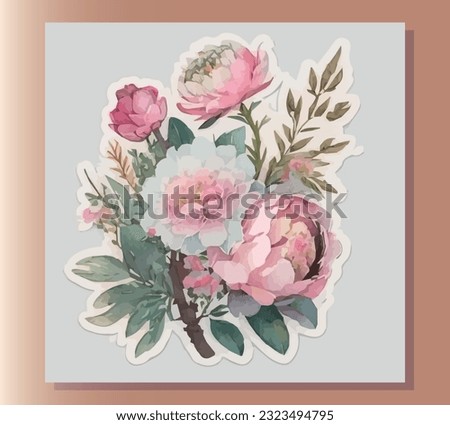 STICKER detailed illustration, print watercolor flowers. the floral illustrations are pink. a bouquet of flowers isolated on a white background. herbs, leaf. Cute compositions for a wedding or open. 