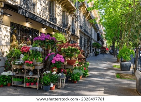 Cozy street with flower shop in Paris, France. Cityscape of Paris. Architecture and landmarks of Paris Royalty-Free Stock Photo #2323497761