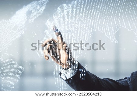 Multi exposure of man hand working with abstract graphic world map on blurred office background, connection and communication concept