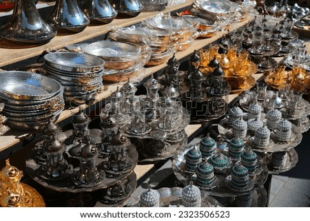 Ornamental tea sets in Istanbul, Turkey. Traditional Turkish style tea serving glasses.