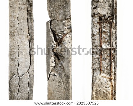 Group of Cracked concrete columns affecting the strength of the building structure isolated on white background. Royalty-Free Stock Photo #2323507525