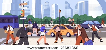 People going, rushing on different businesses, hurrying to work, office. Morning city life concept. Rush hour, busy urban street traffic with pedestrians and cars, panorama. Flat vector illustration Royalty-Free Stock Photo #2323510833