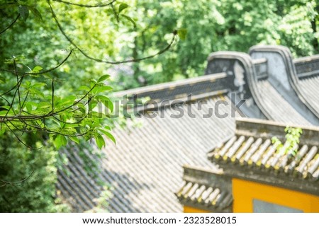 The bokeh background is yellow wall and roof of Lingyin temple buildin.  A Buddhist temple of the Chan sect located north-west of Hangzhou.
One of the largest and wealthiest Buddhist temples in China.