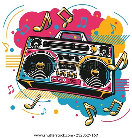 Music design - colorful boom box tape recorder and musical notes Royalty-Free Stock Photo #2323529169