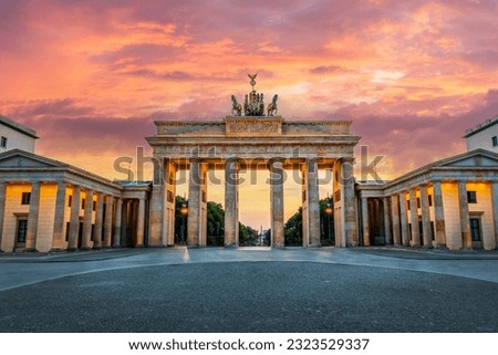 Brandenburg gate illuminated at sunset in Berlin, Germany Royalty-Free Stock Photo #2323529337