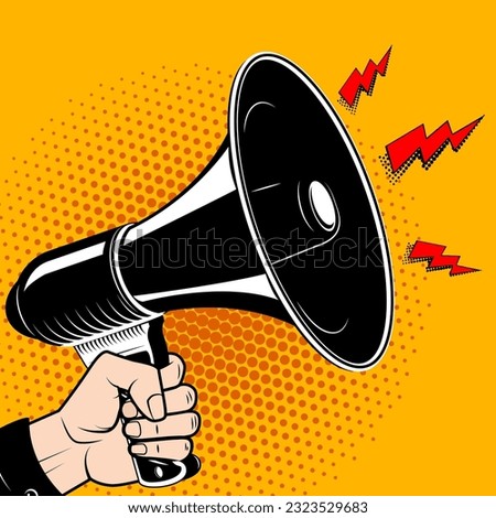 Hand with megaphone in pop art style. Comic style bullhorn. Design element in vector. Royalty-Free Stock Photo #2323529683