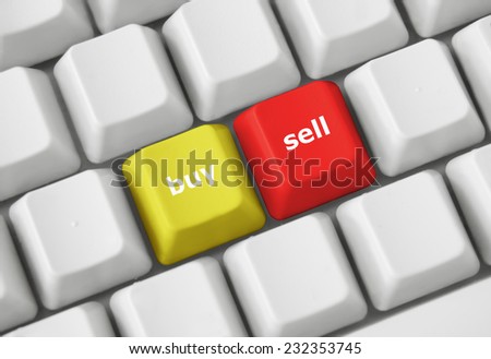 Color button on the keyboard with concept text (buy and sell)