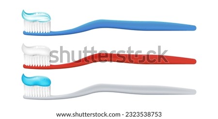 Collection of realistic 3D toothbrushes and toothpaste on a white background. For promoting dental care products, or illustrating oral hygiene practices. White and blue toothpaste. Royalty-Free Stock Photo #2323538753