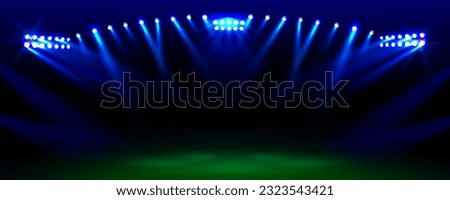 Football stadium illuminated by floodlights. Vector realistic illustration of bright lamps shining over night soccer pitch with green grass, empty sport arena ready for competition or music show Royalty-Free Stock Photo #2323543421