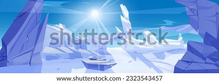 Ice winter landscape with snow vector background. frozen mountain and snowy scenery frost scene for ski ad. North pole or iceland wild desert with rocky antarctic bridge cartoon day illustration. Royalty-Free Stock Photo #2323543457