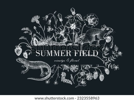 Vintage summer background. Floral frame design. Wildlife sketches. Wildflowers, meadows, herbs botanical illustration. Hand-drawn field flowers, birds, animals. Retro style invitation, frame, card.