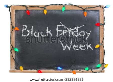 Black Friday Week with Friday x'd out written in white chalk on a black chalkboard surrounded with colored lights isolated on white