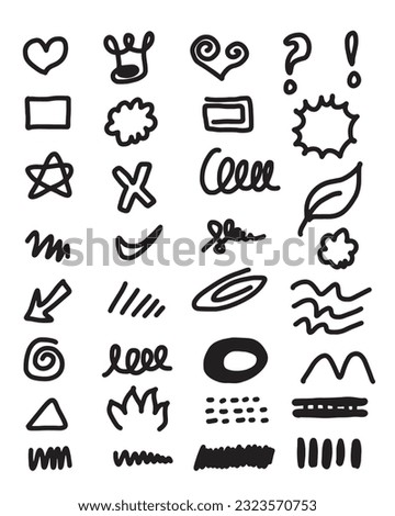 Set of cute hand drawn line scribble expression signs.emoticon effects design elements, cartoon character emotion symbols.vector illustration.