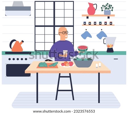 People cooking vegetarian food. Vector illustration. Fresh vegetables, organic food, natural products. Smiling man cooking homemade meals in small cozy kitchen. Father preparing dinner on big stove