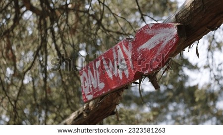 A small red handmade "one way" sign on a tree branch