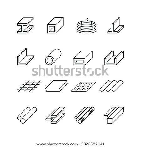 Vector line set of icons related with rolled metal. Contains monochrome icons like girder, metal, steel, armature, pipe and more. Simple outline sign. Royalty-Free Stock Photo #2323582141