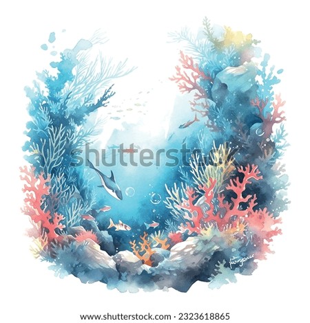 Beautiful colorful underwater world watercolor deep white background for print design. Royalty-Free Stock Photo #2323618865