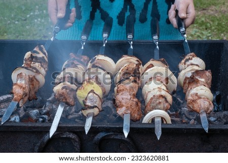 Grilled meat with onions on coals. The concept of cooking shish kebab. Background picture.