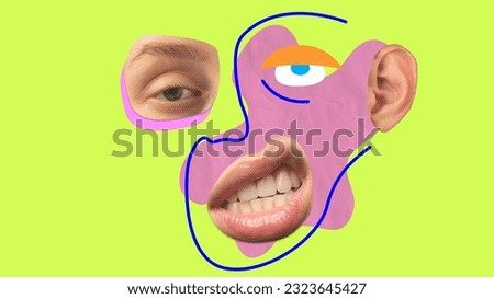 Ignor. Facial expression made of diverse people face parts. Combination of multiethnic people. Contemporary art collage. Concept of diversity, self-expression, emotions. Vivid neon colors Royalty-Free Stock Photo #2323645427