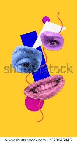 Fear. Facial expression made of diverse people face parts. Combination of multiethnic people. Contemporary art collage. Concept of diversity, self-expression, emotions. Vivid neon colors