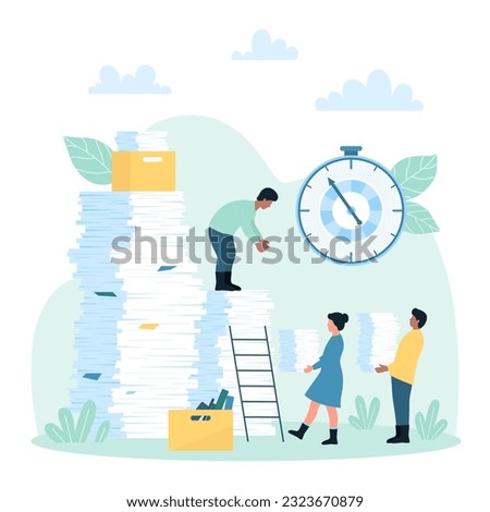 Paperwork organization in office work vector illustration. Cartoon busy tiny people carry heavy stacks of paper documents and bills to big pile, too much business paperwork, deadline and bureaucracy Royalty-Free Stock Photo #2323670879