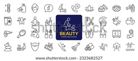 Beauty and Spa set of web icons in line style. Cosmetics services, Spa icons for web and mobile app. Spa treatments, skin care, massage, hyaluronic acid, serum, anti ageing, pore tighten, cosmetology Royalty-Free Stock Photo #2323682527
