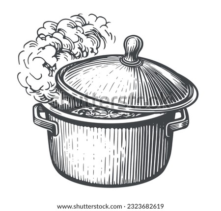 Pot with boiling soup or sauce, saucepan with open lid. Cooking Pan and steam. Vector sketch illustration Royalty-Free Stock Photo #2323682619