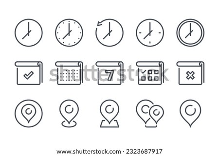 Time, Date and Place line icon set. Clock, Calendar and Location pin linear icons. Watch, Planner and Marker pointer outline vector sign collection. Royalty-Free Stock Photo #2323687917