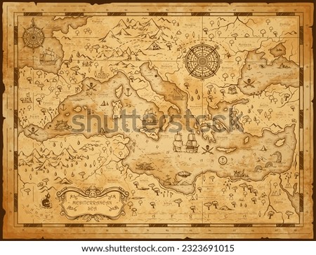Old vintage map of Mediterranean sea, pirate sailing and treasure island, antique vector. Map of Mediterranean sea with fantasy monsters and seafaring ship plan in Europe with compass wind rose