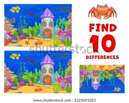 Find ten differences in underwater landscape with seaweeds, stone house and sea animals, vector puzzle worksheet. Kids quiz game to find ten differences of fairy seashell dwelling and undersea fishes Royalty-Free Stock Photo #2323691053
